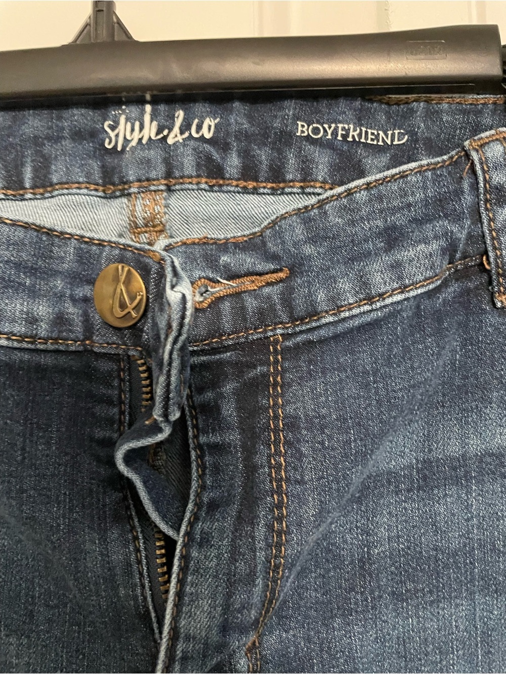 Style & Co. Boyfriend Cropped Jeans in Dark Blue Wash with Gold Lace Detail